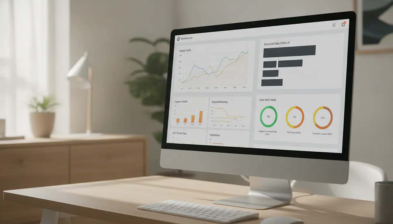 Tableau de bord WordPress avec métriques SEO, schémas structurés et indicateurs Core Web Vitals