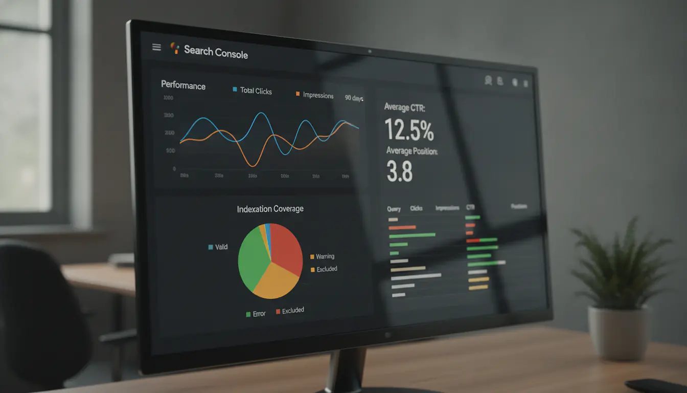Tableau de bord Google Search Console avec graphiques de performance et couverture d'indexation