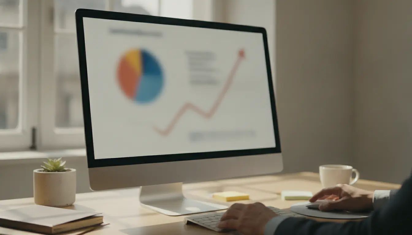 Ordinateur affichant un tableau de bord de performance avec graphique de vitesse en amélioration sur un bureau moderne