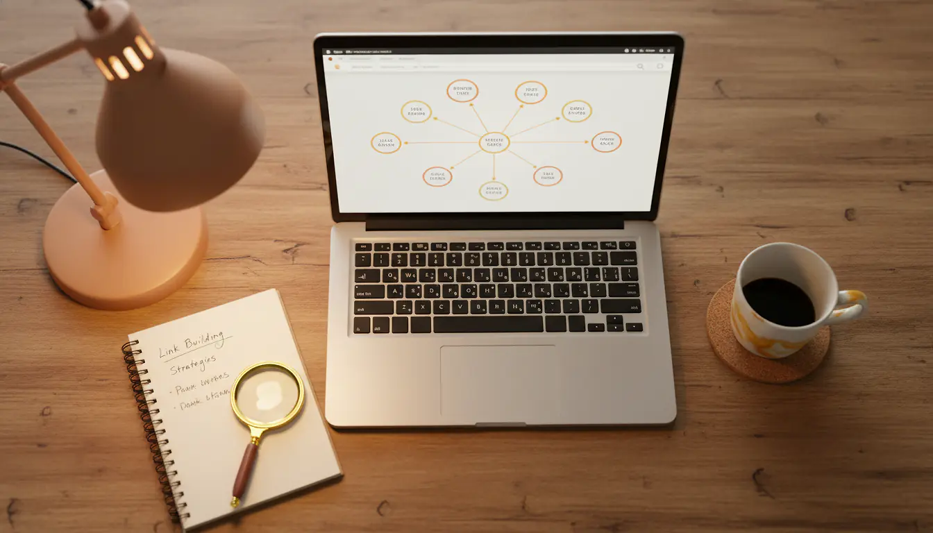 Poste de travail consacré au netlinking : écran affichant un graphe de liens entre sites et des indicateurs d'autorité, carnet de notes de stratégie de liens, ambiance chaude