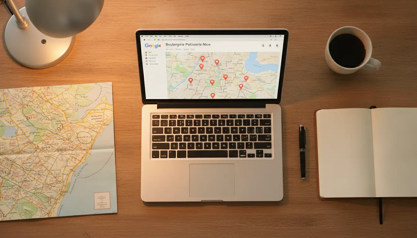 Poste de travail d'un consultant SEO local à Montpellier : fiche Google et carte de la ville avec points de localisation, plan papier, ambiance chaude