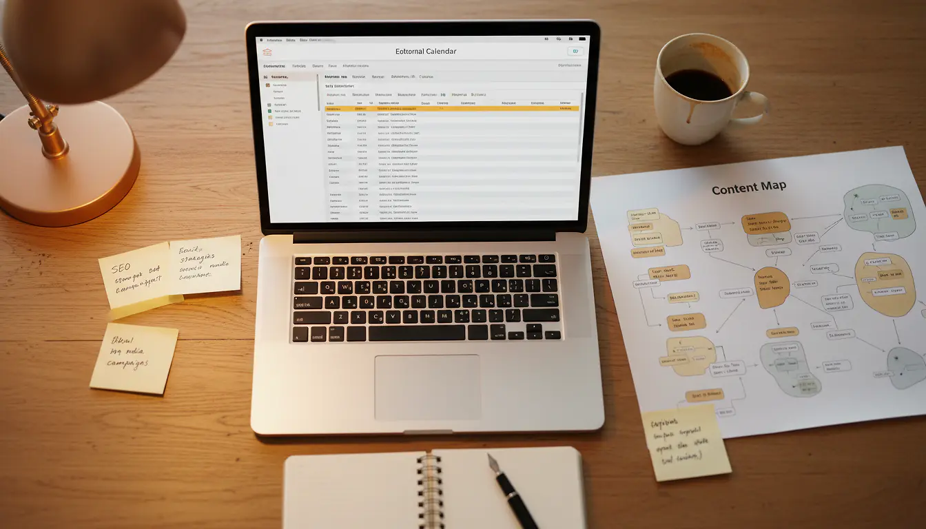 Bureau d'un stratège de contenu vu de dessus : ordinateur affichant un calendrier éditorial et un plan de contenu, carte des sujets imprimée, notes adhésives de clusters thématiques, lumière ambrée chaude